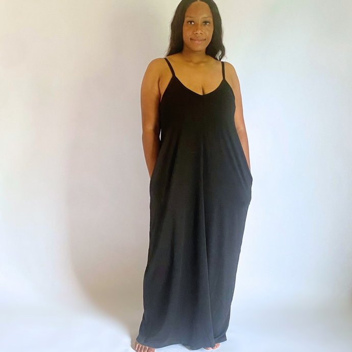Relaxed Cami Maxi Dress with Pockets - Black